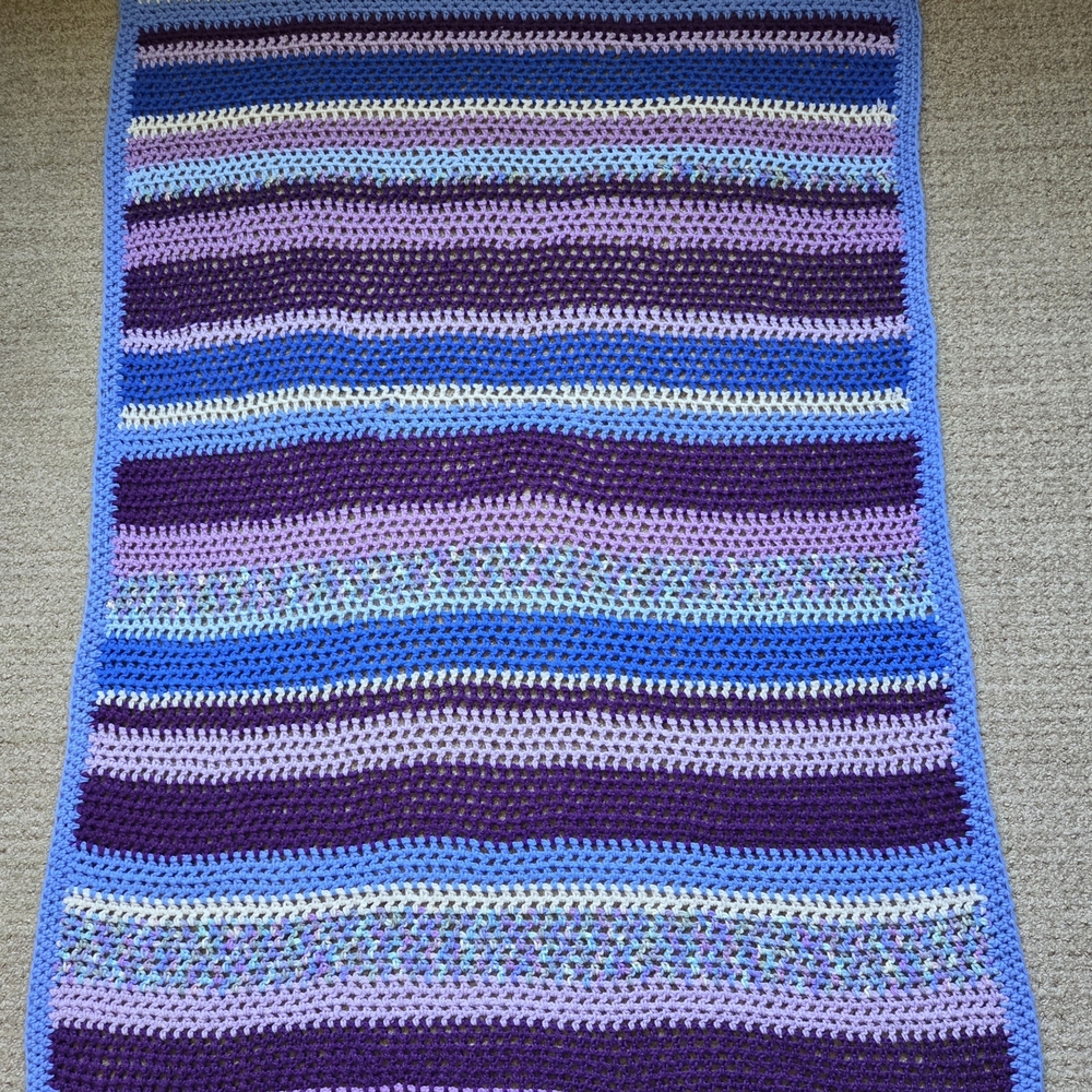 Handmade Boho Striped Blues & Purple Colored Crochet Blanket Throw Size 60"x 40"